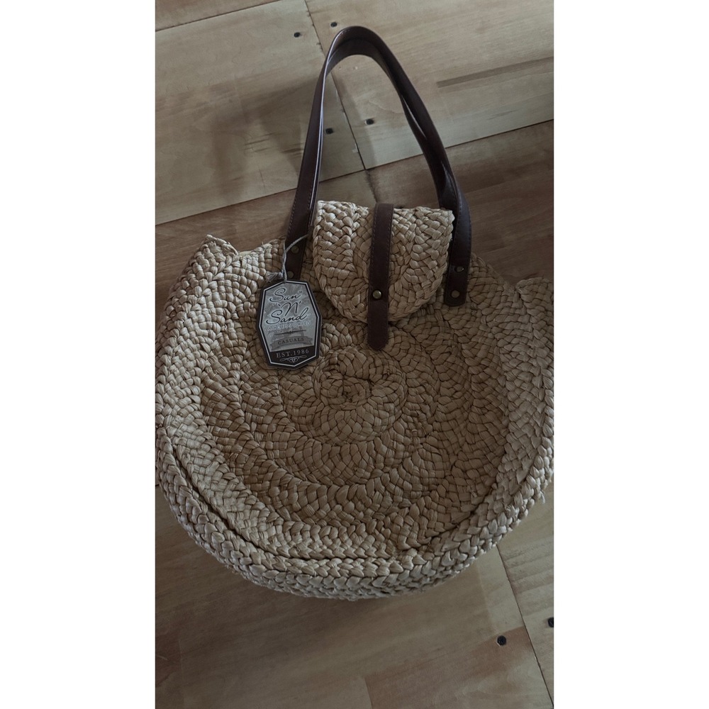 Sun N Sand Round Straw Tote Bag Tan Woven Boho Shoulder Bag NWT